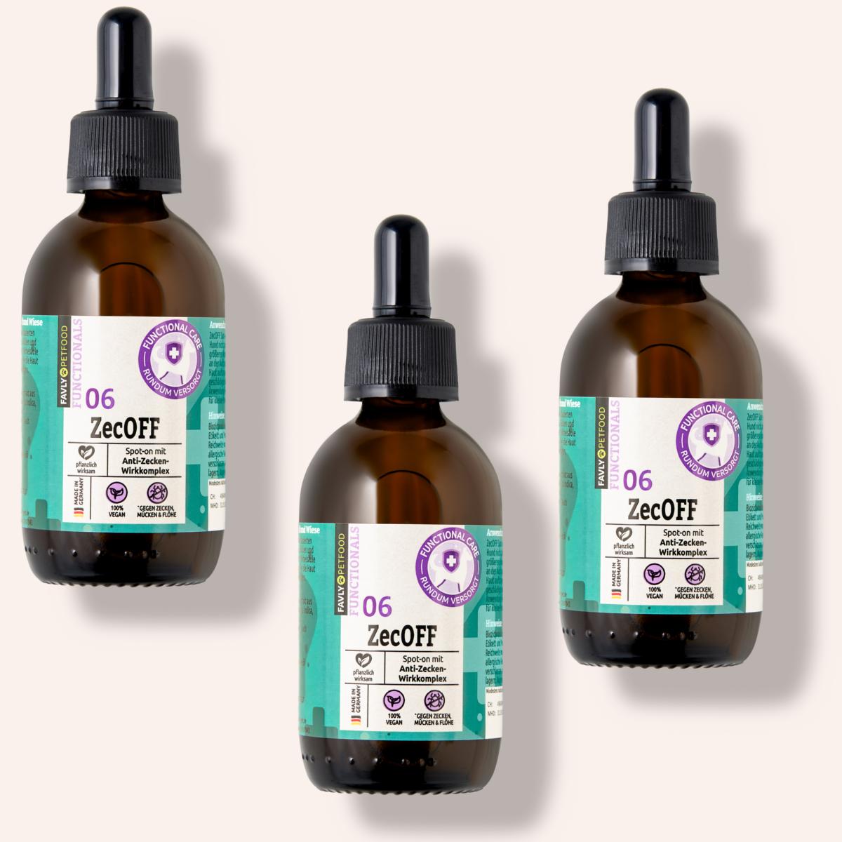 Drei bernsteinfarbene Tropfflaschen FAVLY Petfood ZecOFF – Zecken & Lästlinge auf hellem Hintergrund.