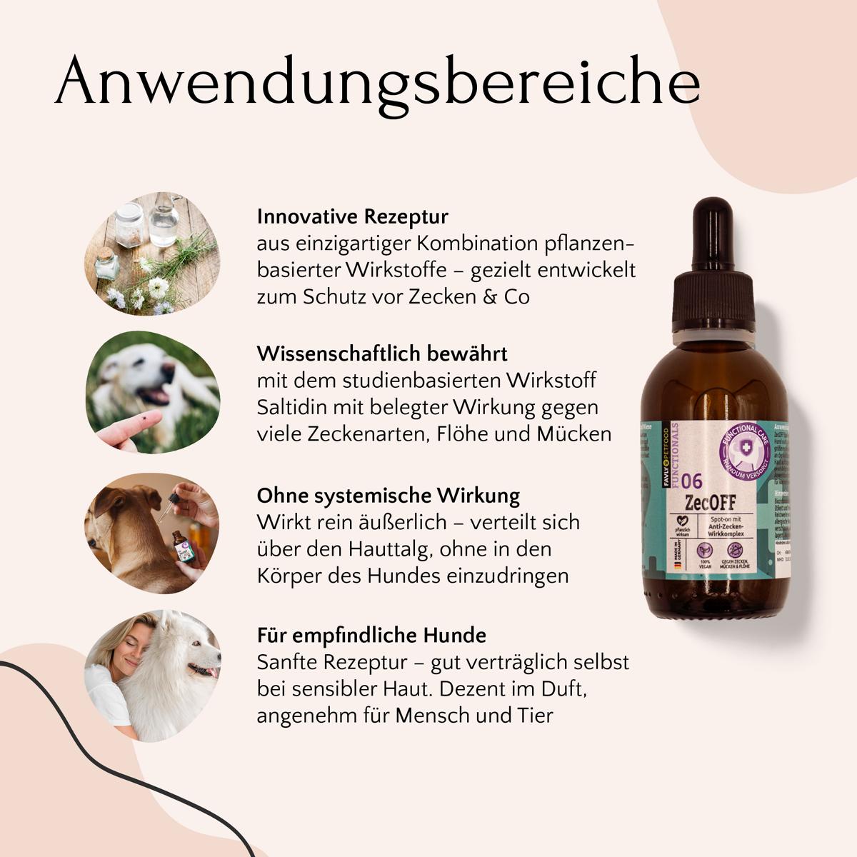 Ein brauner ZecOFF - Zecken & Lästlinge-Tropfer von FAVLY Petfood für Haustiere auf cremefarbenem Hintergrund.