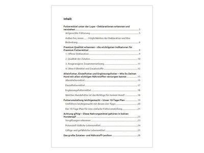 Das Inhaltsverzeichnis für den FAVLY Petfood Futterguide – E-Book zur Tierernährung, das Themen vom Etikettenverständnis bis zu Ergänzungslisten abdeckt.