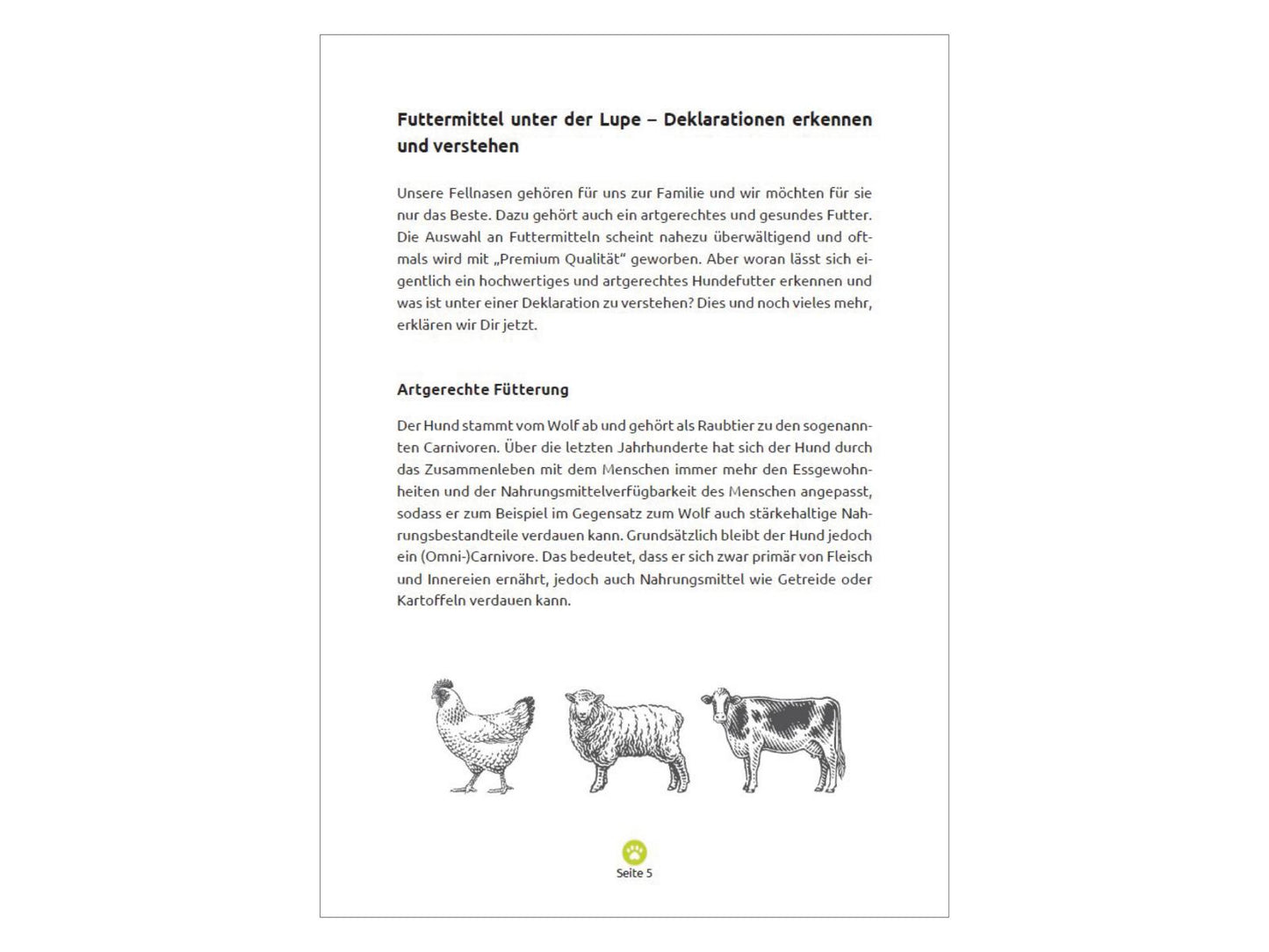 Der FAVLY Petfood Futterguide – E-Book von FAVLY Petfood zeigt auf einer Seite Abbildungen eines Huhns, eines Schweins und einer Kuh und erläutert das Verstehen und Erkennen von Futterdeklarationen.