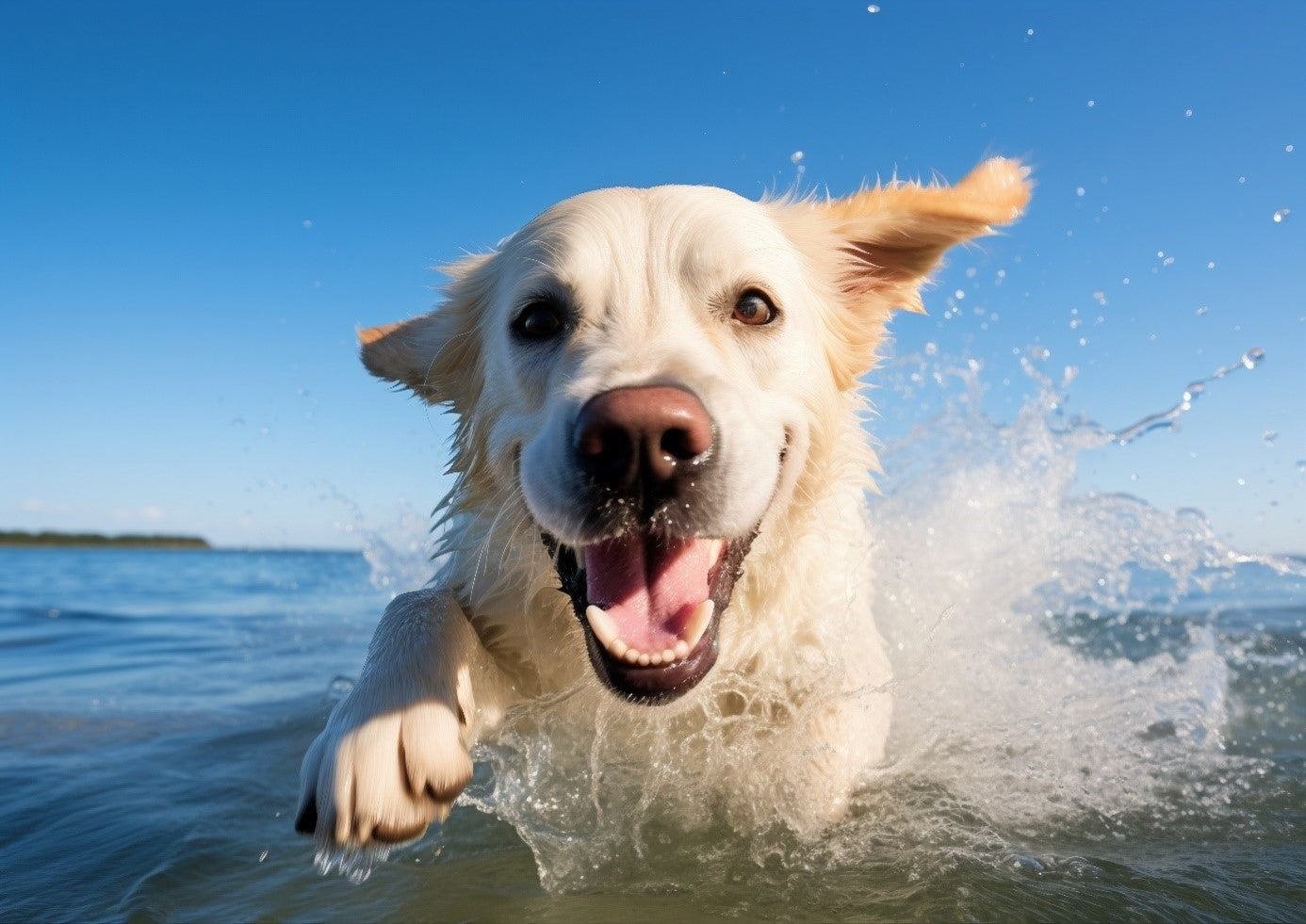 Ein fröhlicher Hund springt ins Wasser und spritzt, mit einem breiten Lächeln im Gesicht unter einem strahlend blauen Himmel.