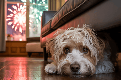Hund liegt entspannt auf Decke während draußen Feuerwerk leuchtet