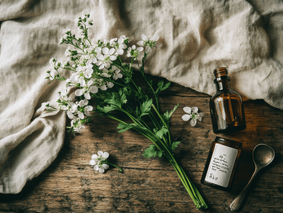 Frische Bachblüten und Kräuter auf hellem Holzbrett — natürliche Beruhigung
