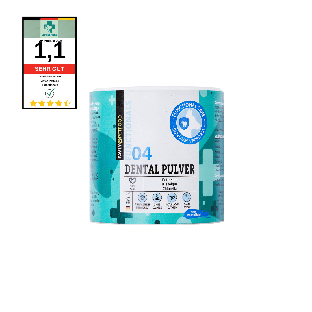 FAVLY Petfood DENTAL Pulver - Sonderangebot, blaues Etikett, "Sehr Gut" bewertet für die Mundhygiene von Haustieren.