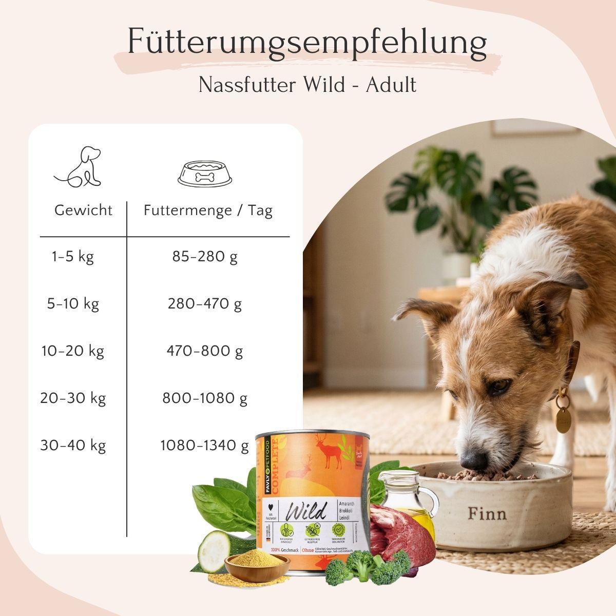 FAVLY Tiernahrung: Wild mit Amaranth, Brokkoli & Leinöl - getreidefreies Nassfutter mit Fütterungstabelle für Hunde.