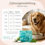 Ein glücklicher Hund sitzt neben seinem Futter; im Bild sind „FAVLY Petfood DENTAL Pulver“ zur Zahnhygiene, eine Dosierungstabelle und die Verpackung zu sehen.