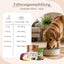 Ein Goldhund frisst FAVLY Petfood Pferd mit Zucchini; die Tabelle zeigt die Fütterung nach Gewicht des Hundes.