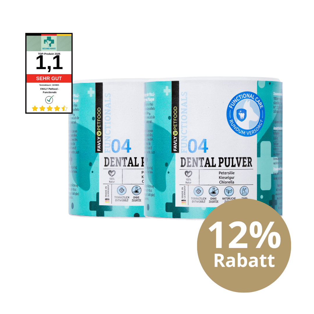 2 Dosen FAVLY Petfood DENTAL Pulver, 12% Rabattmarke, "Sehr Gut" 1,1 Bewertung.
