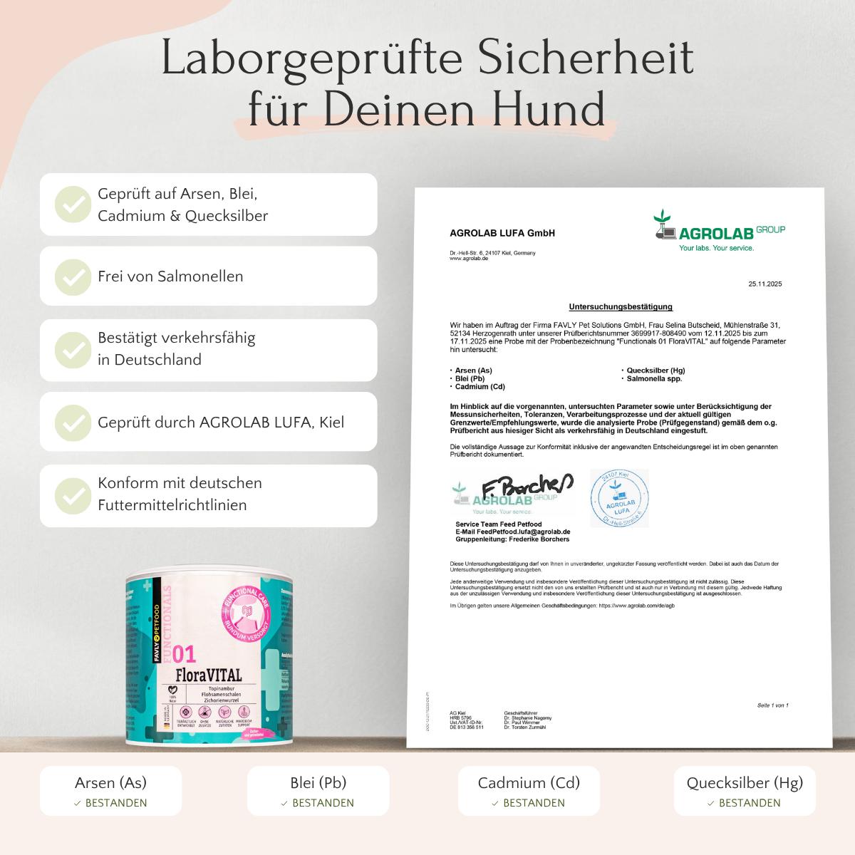 Laborgeprüftes FloraVITAL Pulver von FAVLY Petfood für Darmgesundheit, mit Checkliste und deutschem Text.