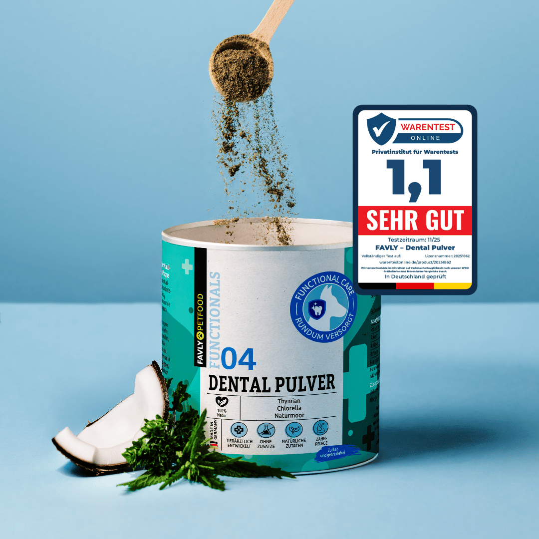 Ein Löffel streut FAVLY Petfood DENTAL Pulver - Neukundenangebot in einen Behälter, in dessen Nähe sich Kräuter und Preisschild befinden.