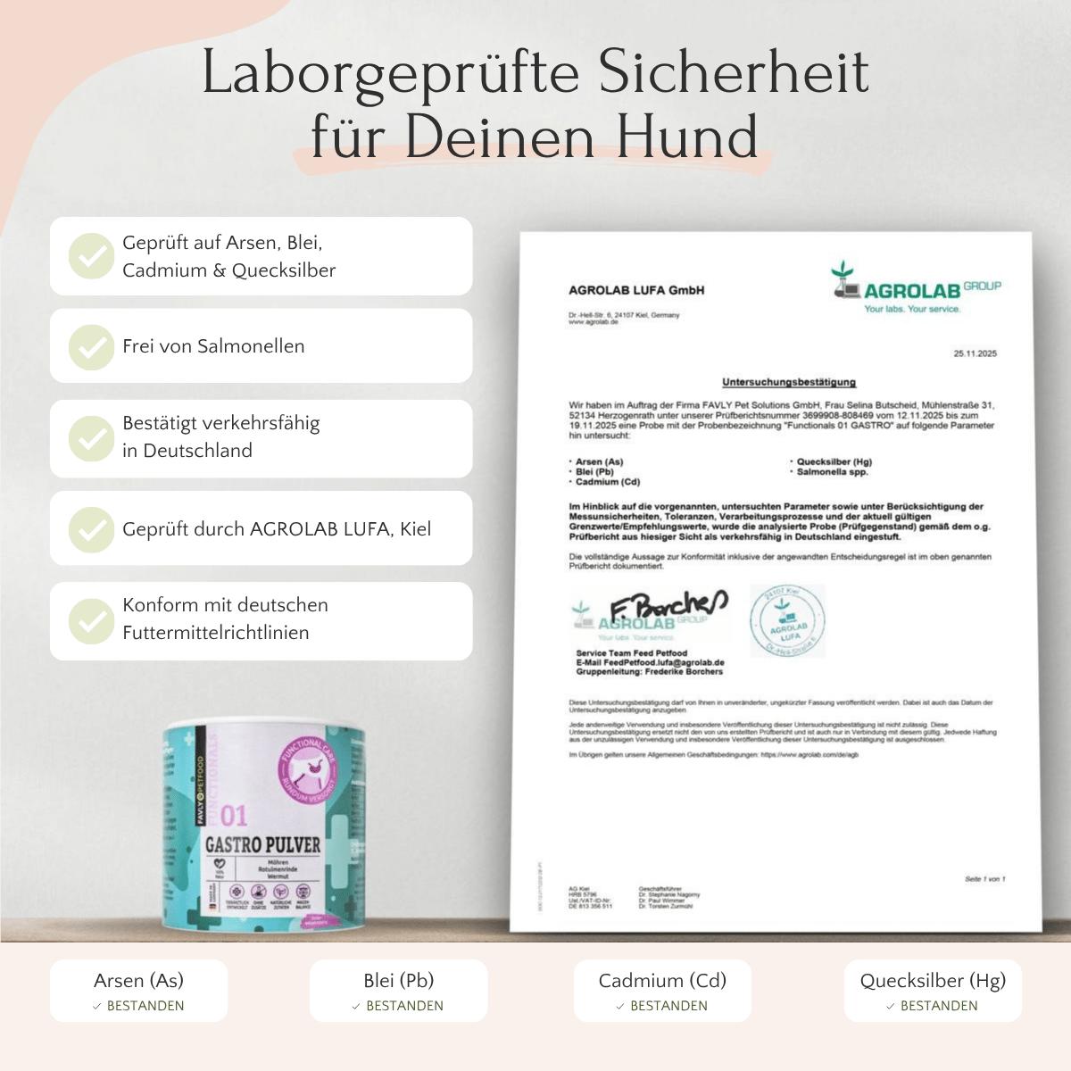 FAVLY Petfood GASTRO Pulver unterstützt die Verdauung, wurde im Labor auf Schwermetalle getestet und als sicher für Hunde zertifiziert.