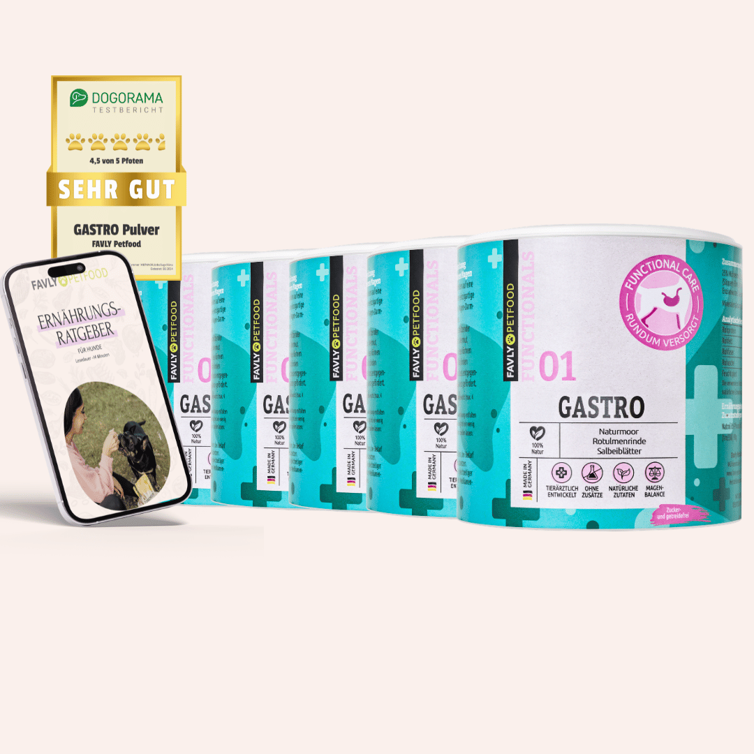 Fünf GASTRO Pulver - Sodbrennen & Grasfressen von FAVLY Petfood, plus Ratgeber zur natürlichen Verdauung auf dem Smartphone.