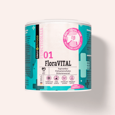 Ein Behälter mit FAVLY Petfood FloraVITAL Pulver - Sonderangebot mit deutschem Text und rosa, blaugrünem und weißem Etikett.