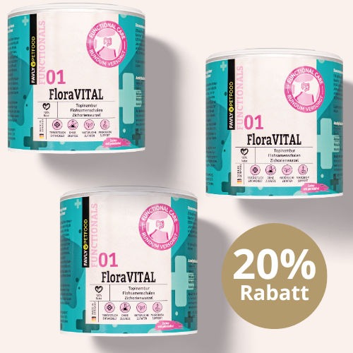 Drei FAVLY Petfood FloraVITAL Pulver - Sonderangebot Packungen mit "20% Rabatt" auf hellem Hintergrund.