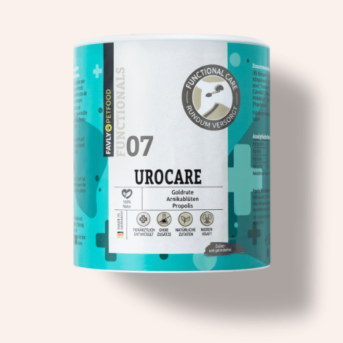 Zylindrischer Behälter mit der Aufschrift "FAVLY Petfood UROCARE Pulver - Sonderangebot" und dem Motiv in Petrol.