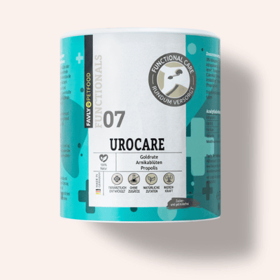 Zylindrischer Behälter mit der Aufschrift "FAVLY Petfood UROCARE Pulver - Sonderangebot" und dem Motiv in Petrol.