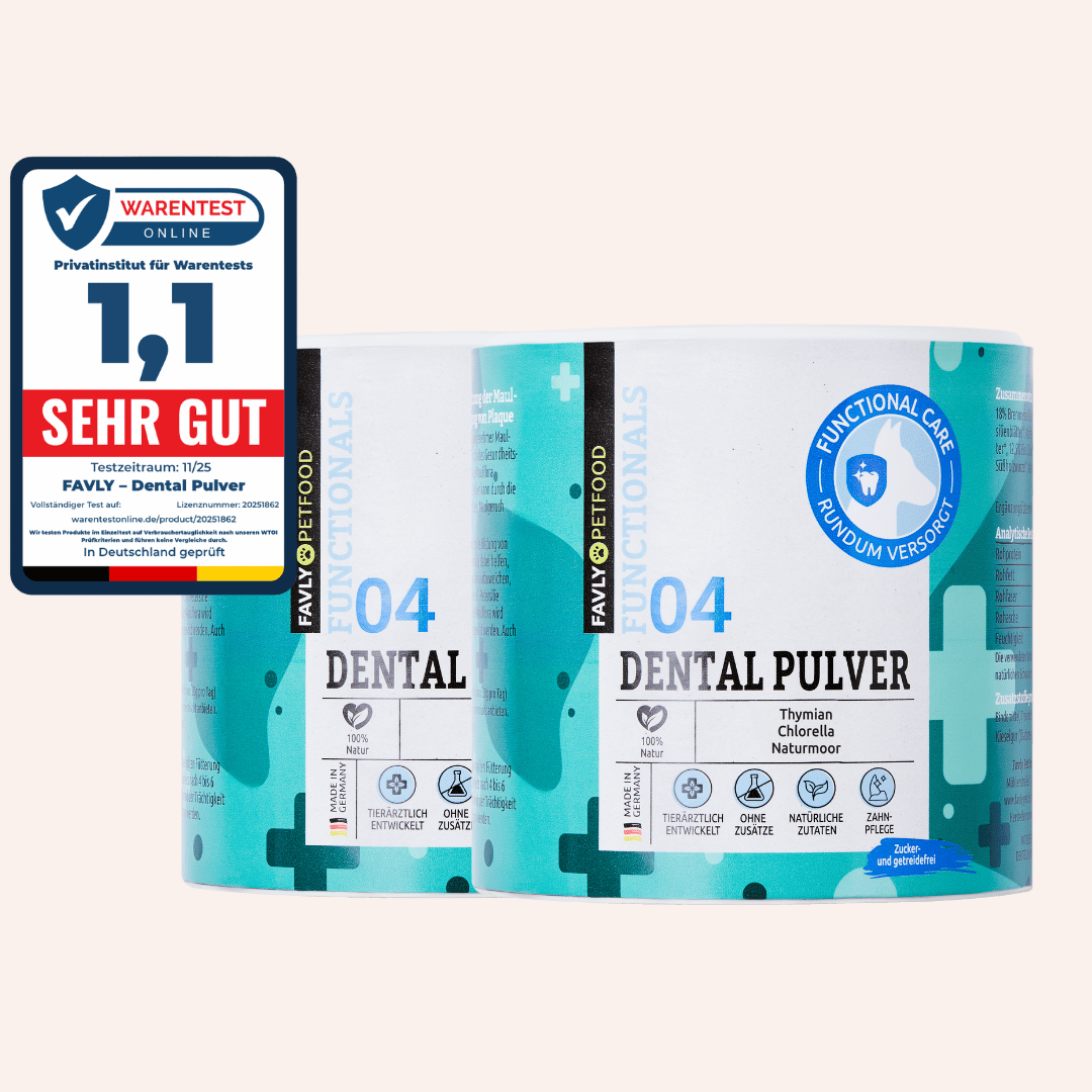 Zwei DENTAL Pulver - Neukundenangebot von FAVLY Petfood helfen Zahnbelag zu reduzieren, bewertet mit "1,1 SEHR GUT".