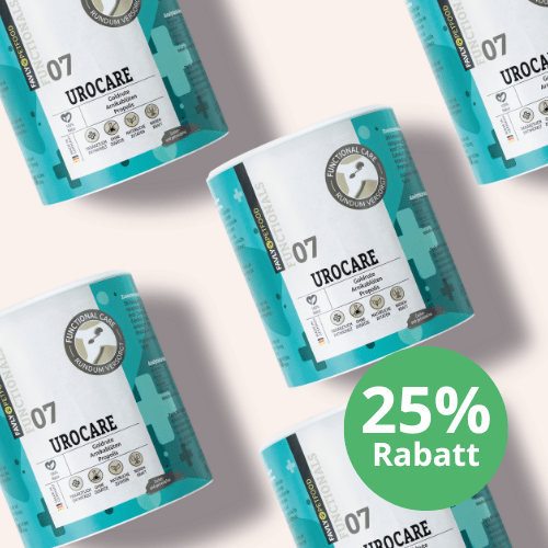 Sechs UROCARE Pulver - Sonderangebot von FAVLY Petfood mit "25% Rabatt" Etikett auf hellem Hintergrund.