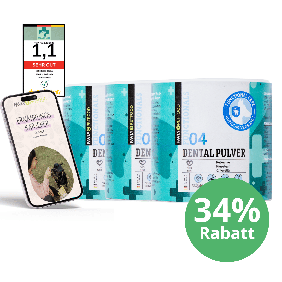 Vier DENTAL Pulver von FAVLY Petfood, Booklet, Bewertungsbadge & grüner Kreis mit "34% Rabatt".