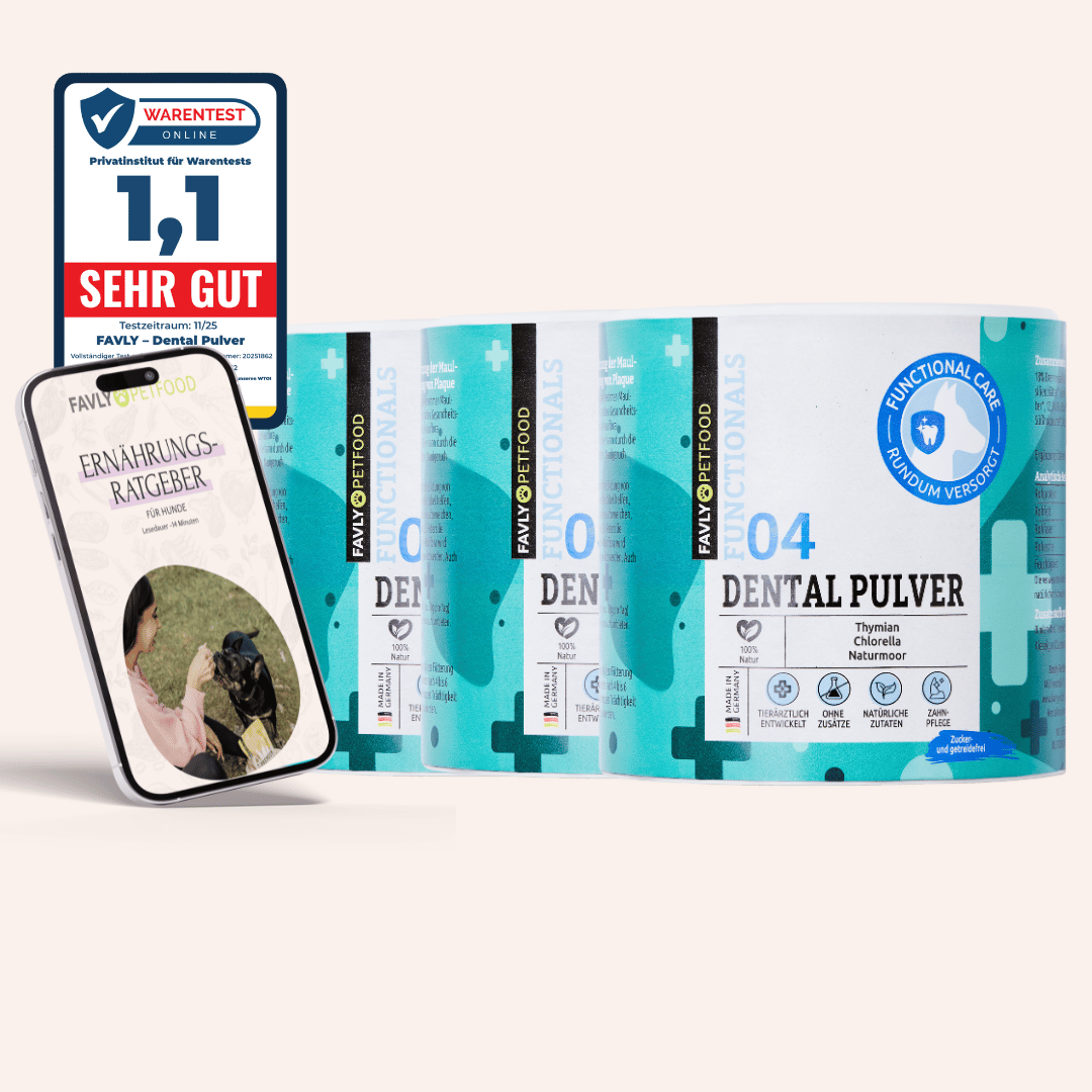Drei DENTAL Pulverbecher von FAVLY Petfood, Heimtierführer & Qualitätsplakette-einfache Zahnbelagsprävention für Haustiere.