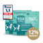 Zwei türkisfarbene FAVLY Petfood DENTAL Pulver-Beutel für die Zahnpflege sowie ein „12 % Rabatt“-Aufkleber (Sonderangebot).
