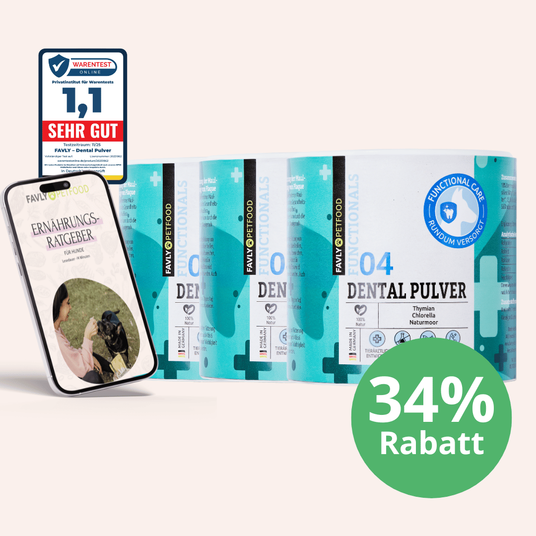 Vier DENTAL Pulver - Neukundenangebot von FAVLY Petfood, Heftchen, Siegel & 34% Rabatt Rabattmarke.