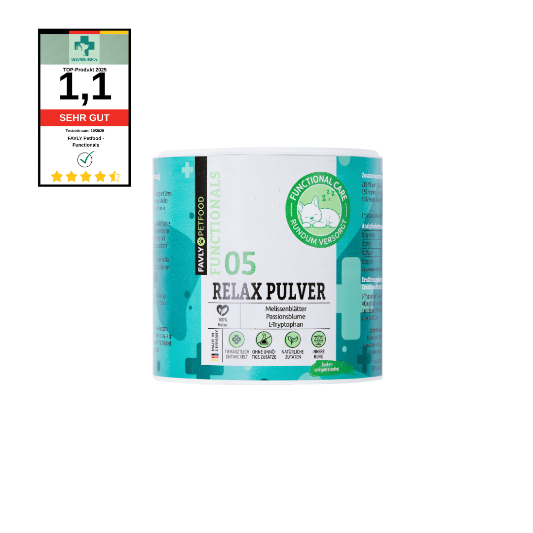 Eine Dose FAVLY Petfood Relax Pulver - Sonderangebot Tiernahrung mit dem Qualitätssiegel 1.1, links.