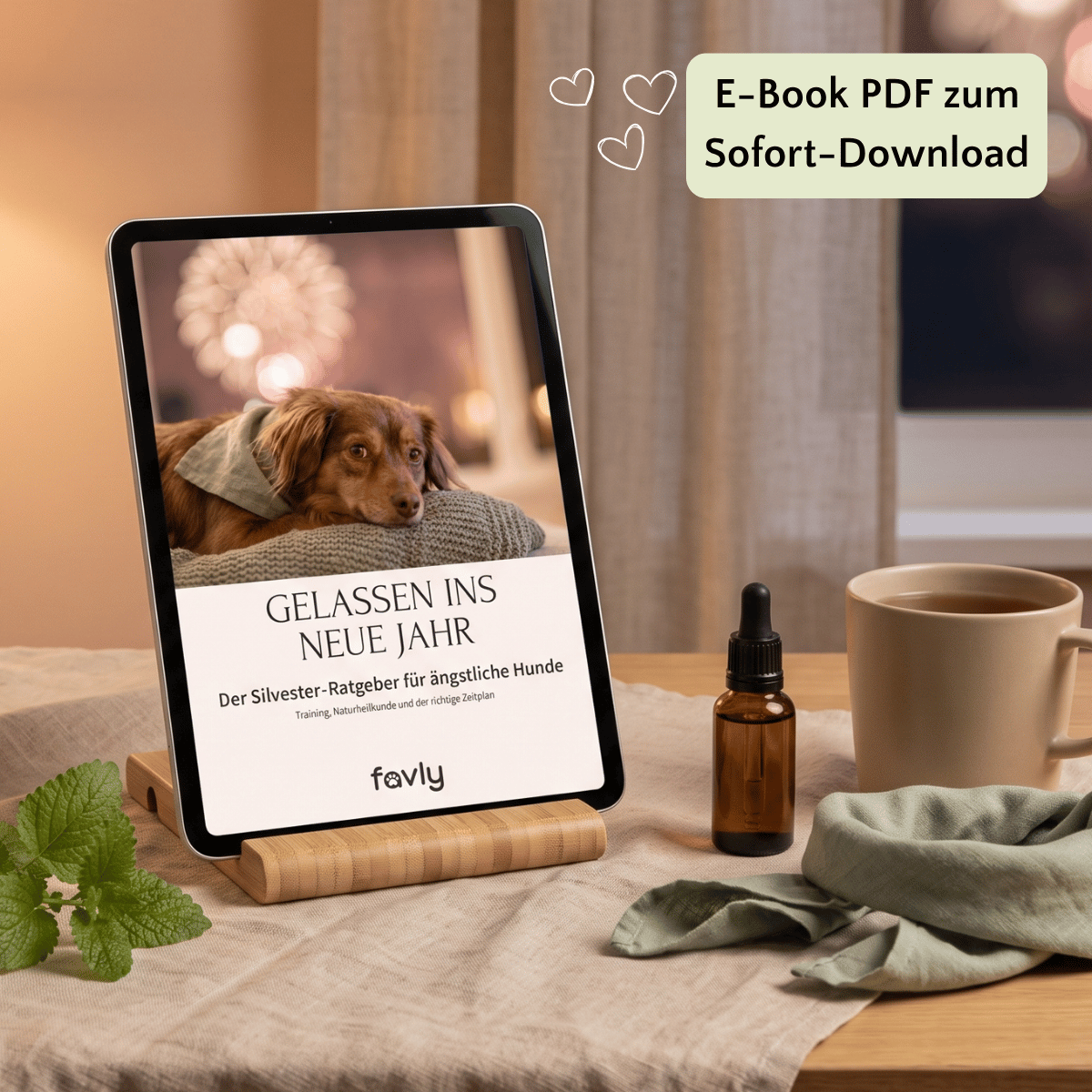 Tablet mit dem FAVLY E-Book „Gelassen ins neue Jahr“, daneben eine Tropfflasche, Tee und eine Pflanze
