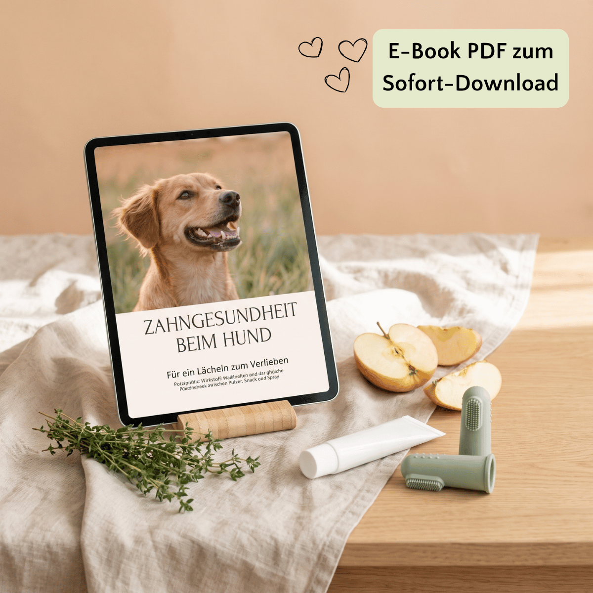 Tablet mit dem FAVLY E-Book „Zahngesundheit beim Hund“, daneben FAVLY Futter, Äpfel, Kräuter und Hundezahnbürsten