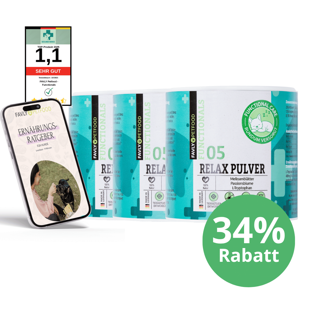 Vier Eimer FAVLY Petfood Relax Pulver - Sonderangebot, Nährwerttabelle, Bewertung und "34% Rabatt"-Plakette.