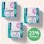 Drei Dosen GASTRO Pulver - Sonderangebot von FAVLY Petfood, wichtig für die Verdauung und Magen-Darm-Balance, mit 23 % Rabatt auf hellem Hintergrund.