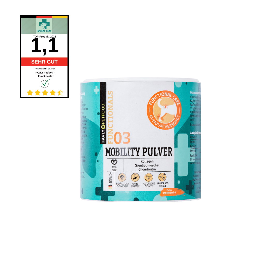 Ein FAVLY Petfood MOBILITY Pulver - Sonderangebot Behälter mit einer "1,1 SEHR GUT" Plakette auf der linken Seite.