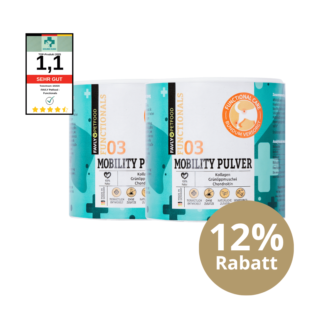 Zwei Dosen FAVLY Petfood MOBILITY Pulver - Sonderangebot mit 12% Rabatt-Plakette und Qualitätsauszeichnung.