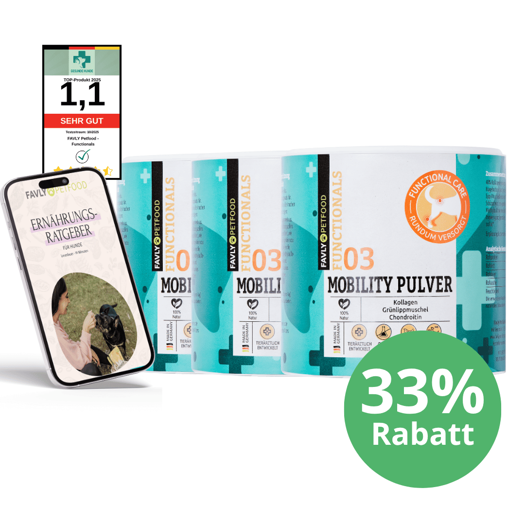 Drei Dosen FAVLY Petfood MOBILITY Pulver - Sonderangebot, ein Booklet, Bewertungsplakette & grünes "33% Rabatt" Etikett.