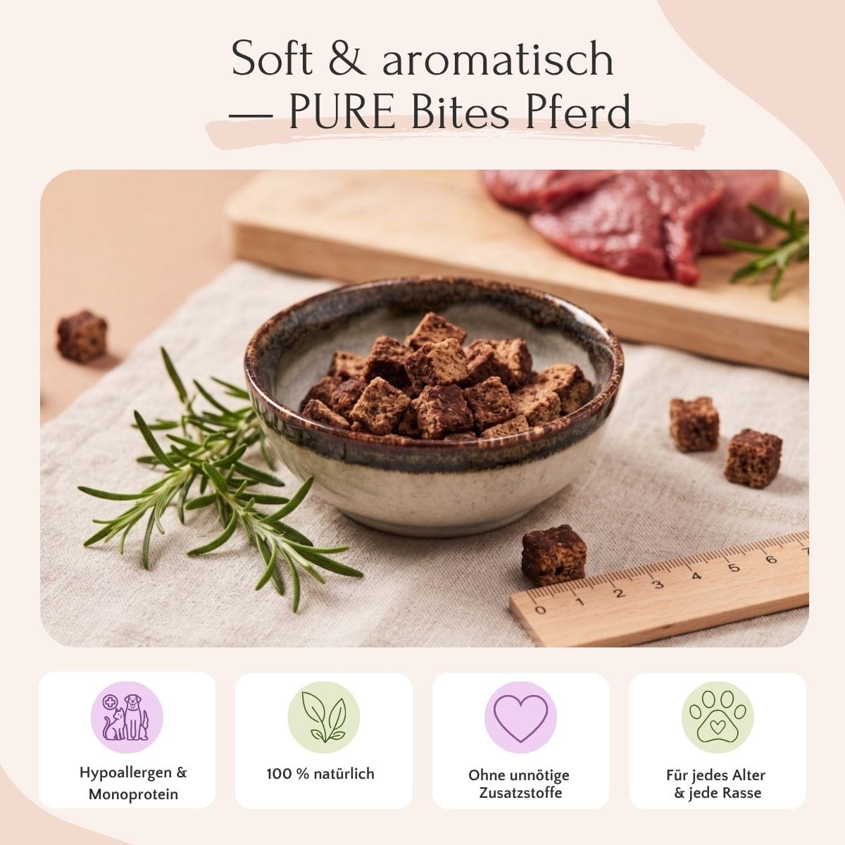 Eine Schale mit PURE Bites Pferd von FAVLY Petfood, natürlichen Hundesnacks und Vorteils-Symbolen auf Deutsch.