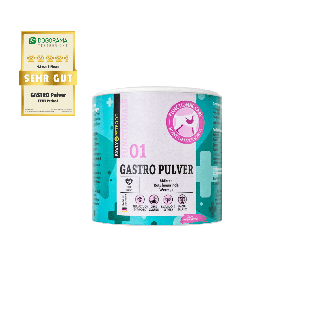 Ein Eimer FAVLY Petfood GASTRO Pulver - Sonderangebot mit einer "Sehr Gut"-Plakette darüber.