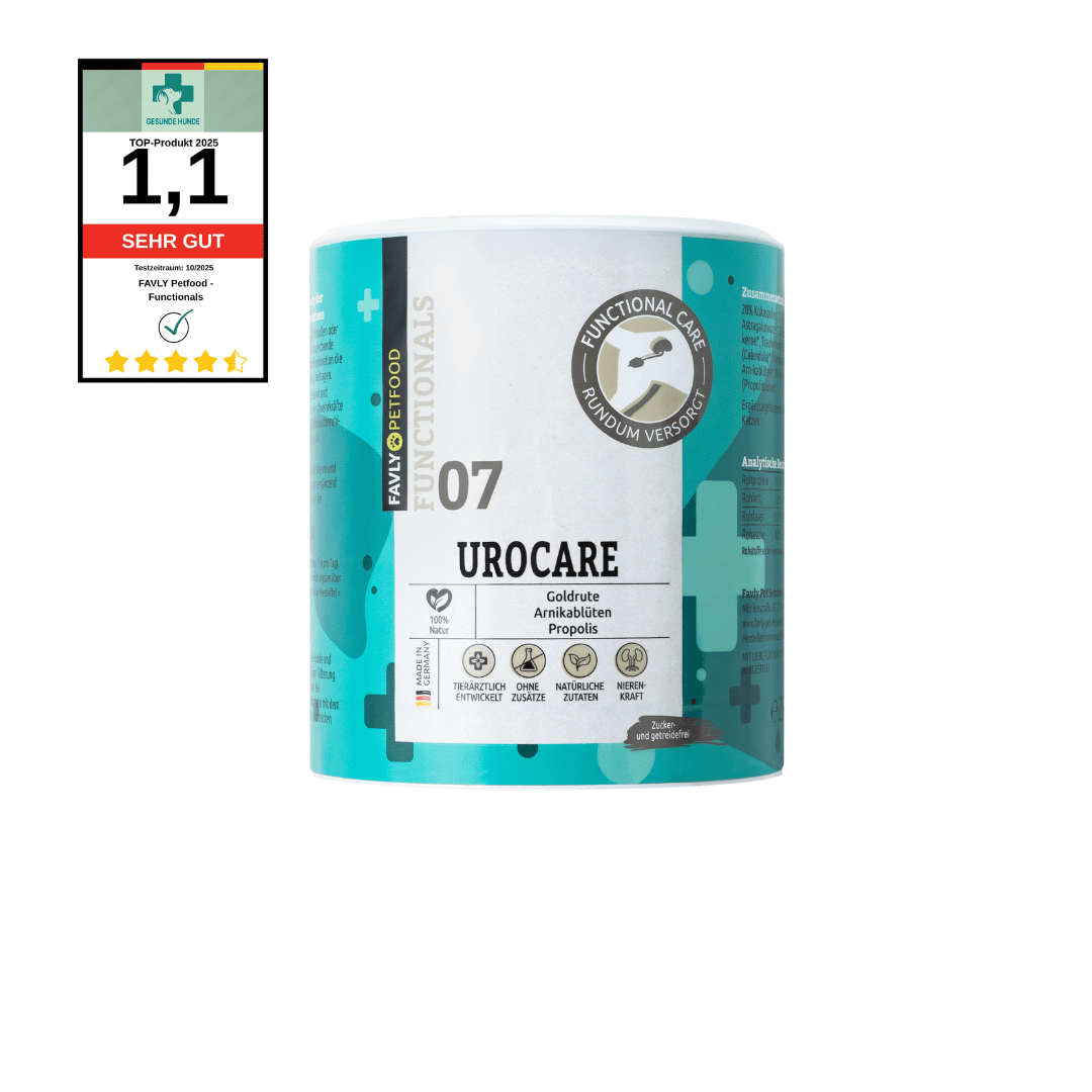 Zylindrischer Behälter mit der Aufschrift "FAVLY Petfood UROCARE Pulver - Sonderangebot" und 1.1 "SEHR GUT"-Plakette auf der linken Seite.