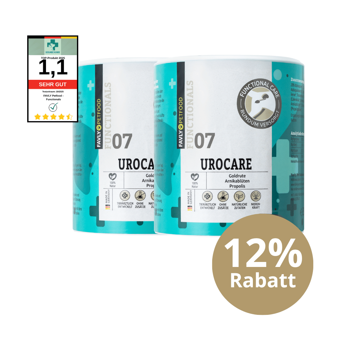 Zwei Dosen FAVLY Petfood UROCARE Pulver, 12% Rabatt, Sehr Gut, ideal für Nierengesundheit.