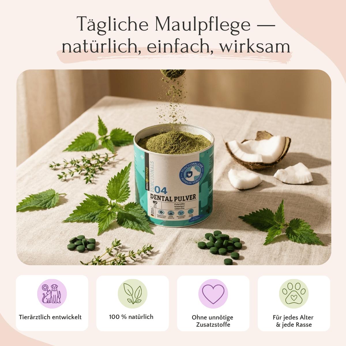 Eine Dose FAVLY Petfood DENTAL Pulver für Zahnhygiene & frischer Atem auf hellem Hintergrund.