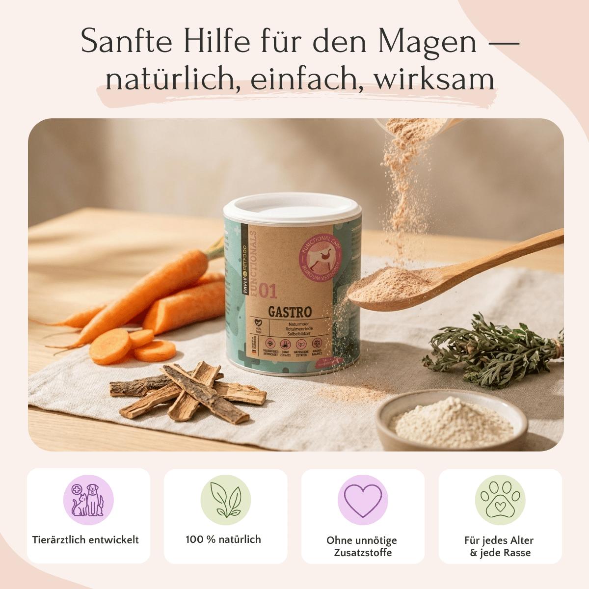 FAVLY Petfood GASTRO Pulver - Sodbrennen & Grasfressen Neukundenangebot mit Möhren und Kräutern auf einem Tisch.