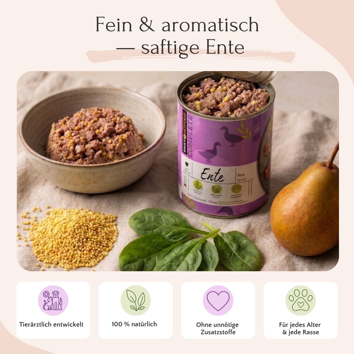 FAVLY Petfood Ente mit Hirse, Birne & Spinat - glutenfreier Hundegenuss im Napf.