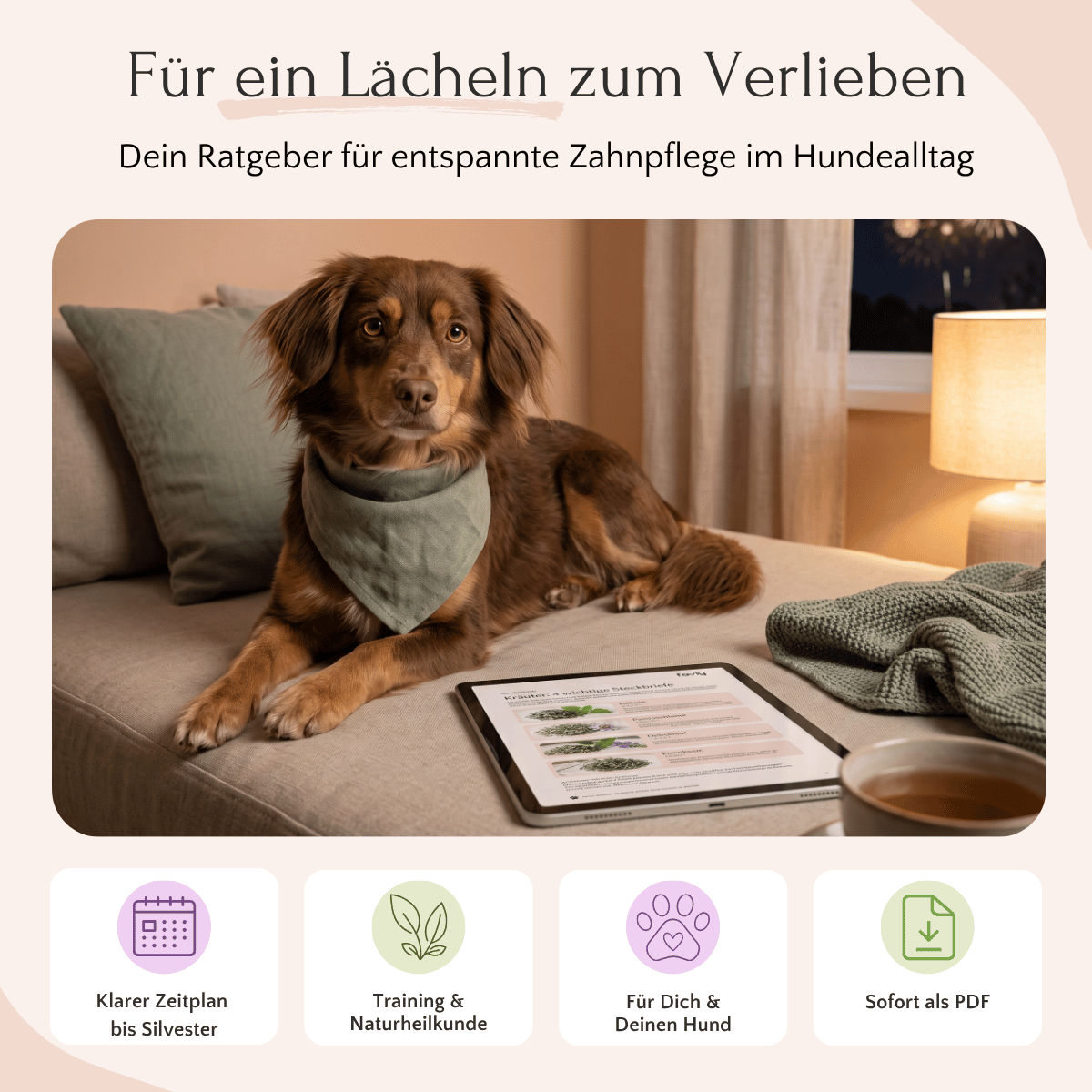 Brauner Hund mit grünem Halstuch auf dem Sofa neben einem Tablet mit dem E-Book „Gelassen ins neue Jahr“