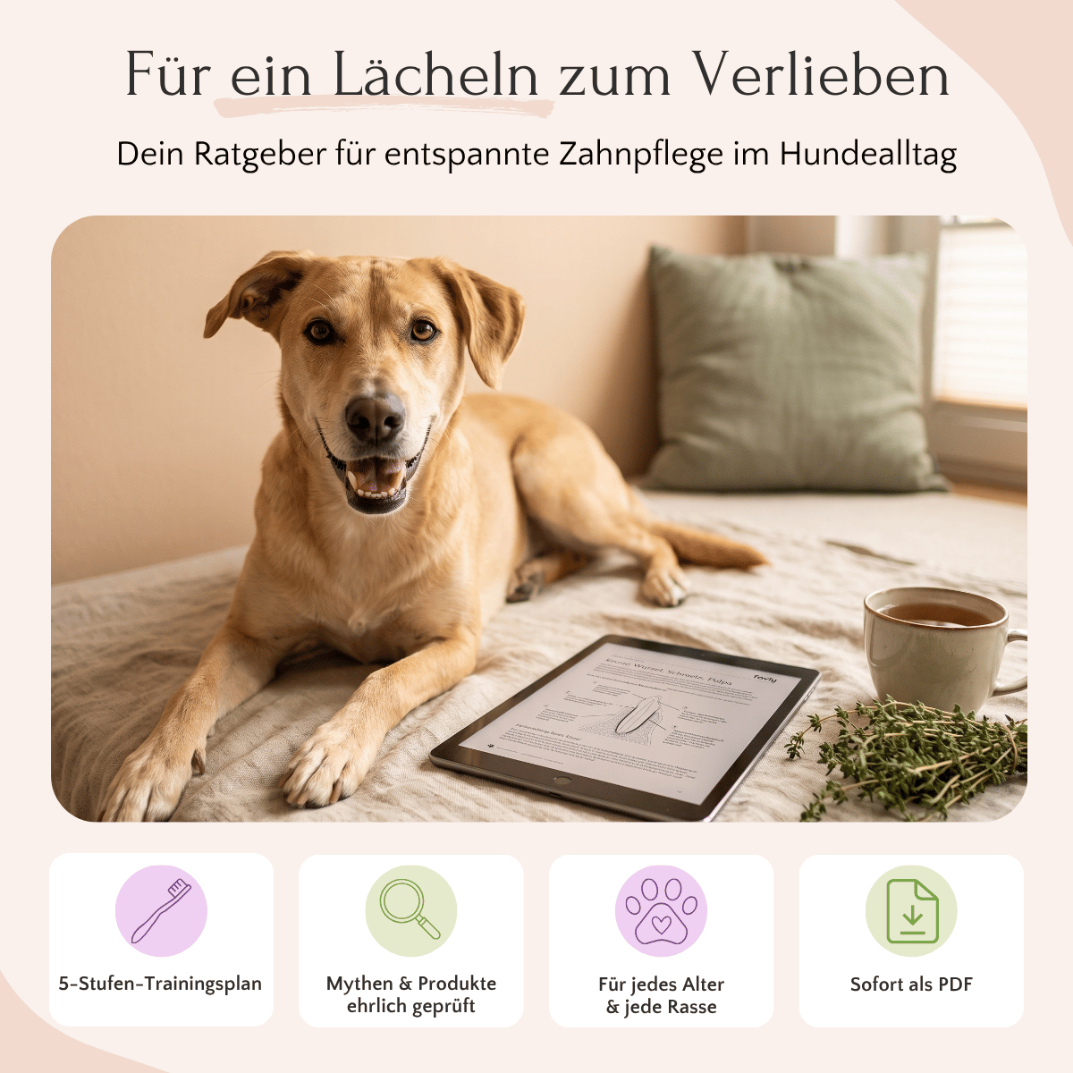 Glücklicher Hund liegt neben einem Tablet mit dem FAVLY E-Book „Zahngesundheit beim Hund“