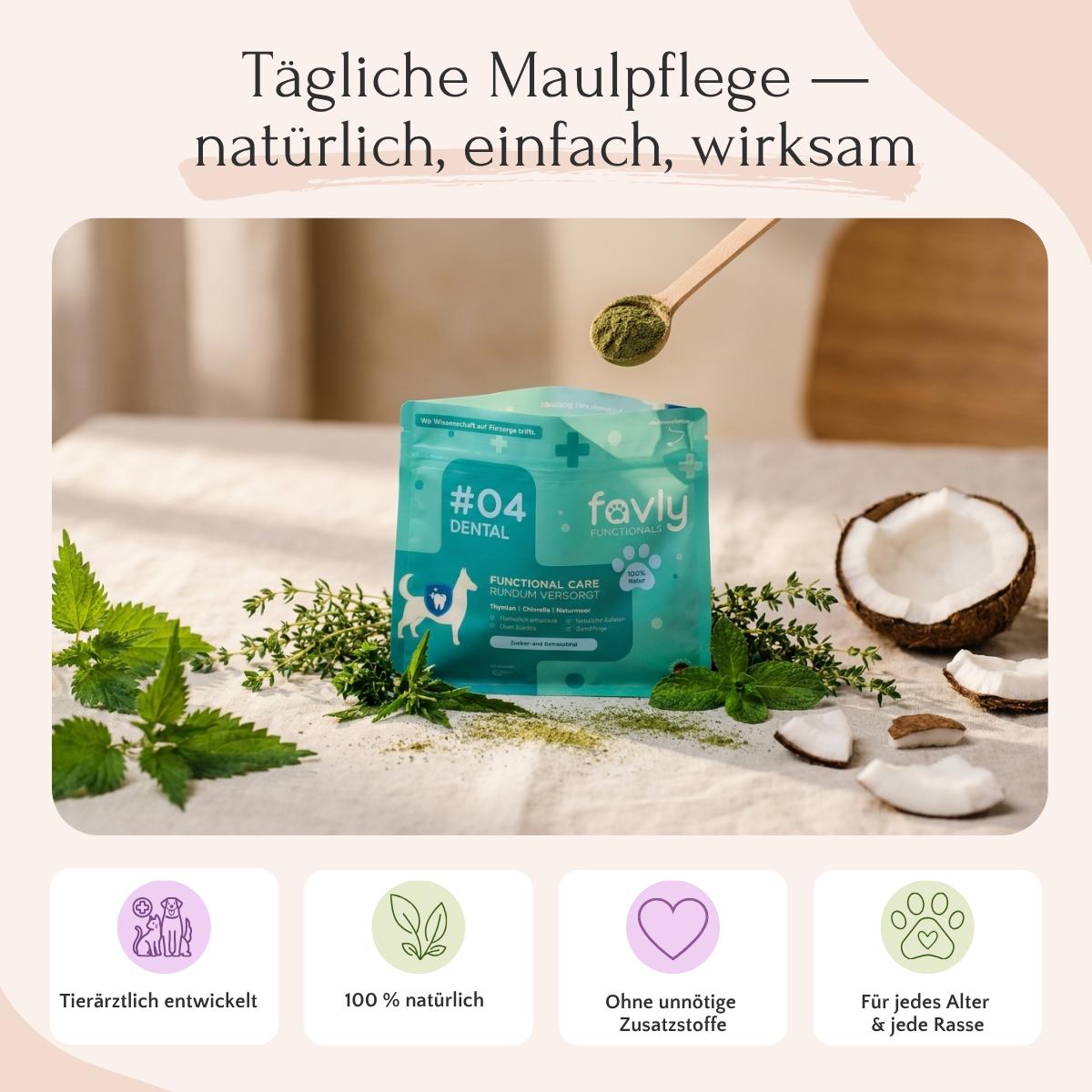Eine Hand schaufelt grünes „DENTAL Pulver“ über einen „FAVLY Petfood“-Beutel, darunter sind Kokosnuss, Minze und Symbole zu sehen.