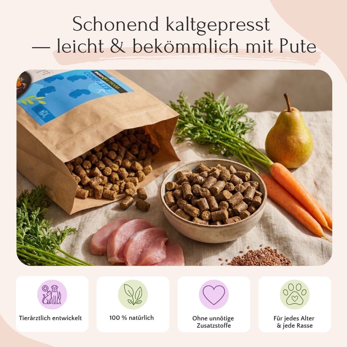 Eine Schale und ein Beutel FAVLY Petfood Pute mit Karotte, Birne & Leinsamen (kaltgepresst) mit Symbolen auf einem Tisch.