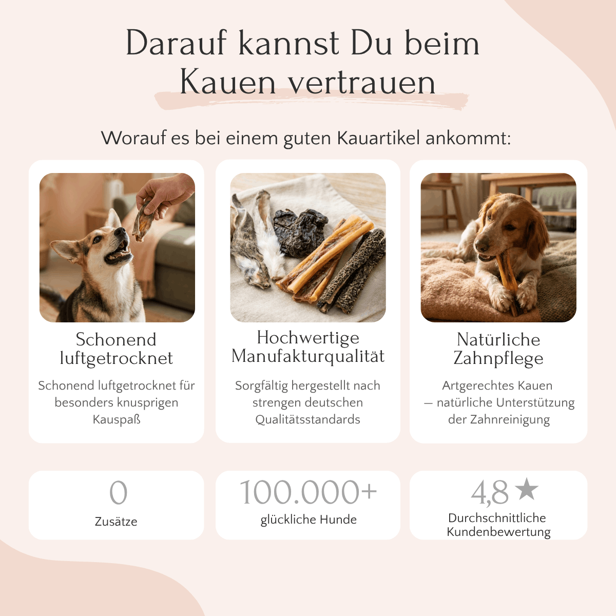 Drei Bilder von FAVLY Petfood Hirschhaut 600 g, mit Informationen zu Qualität, Zahnpflege und Kundenzufriedenheit.