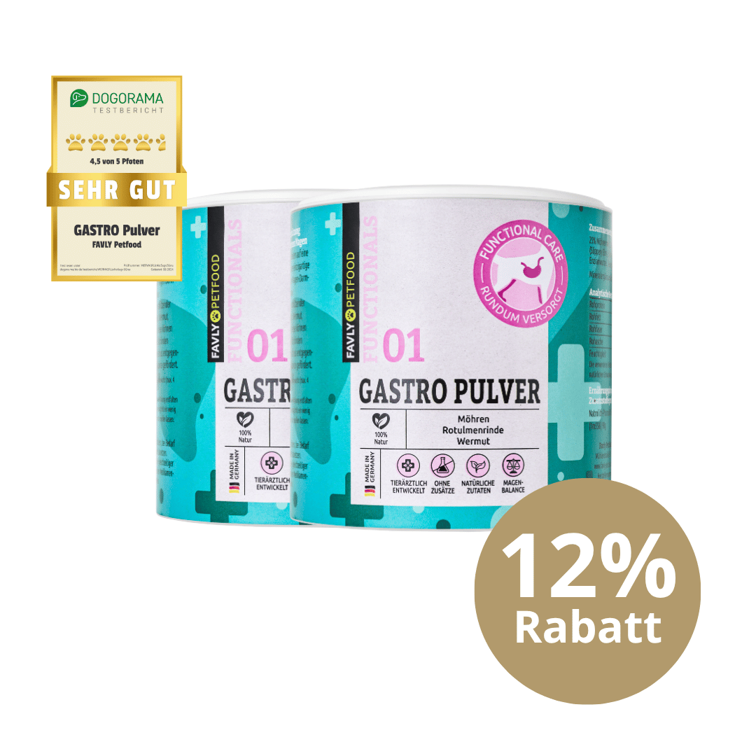 Zwei Dosen FAVLY Petfood GASTRO Pulver - Sonderangebot mit 12% Rabatt und Qualitätsbewertungsplakette.