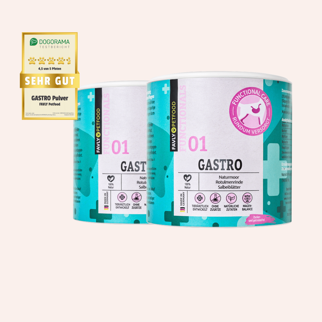 Zwei Dosen FAVLY Petfood GASTRO Pulver unterstützen die normale Verdauung von Hunden, inklusive Qualitätssiegel.