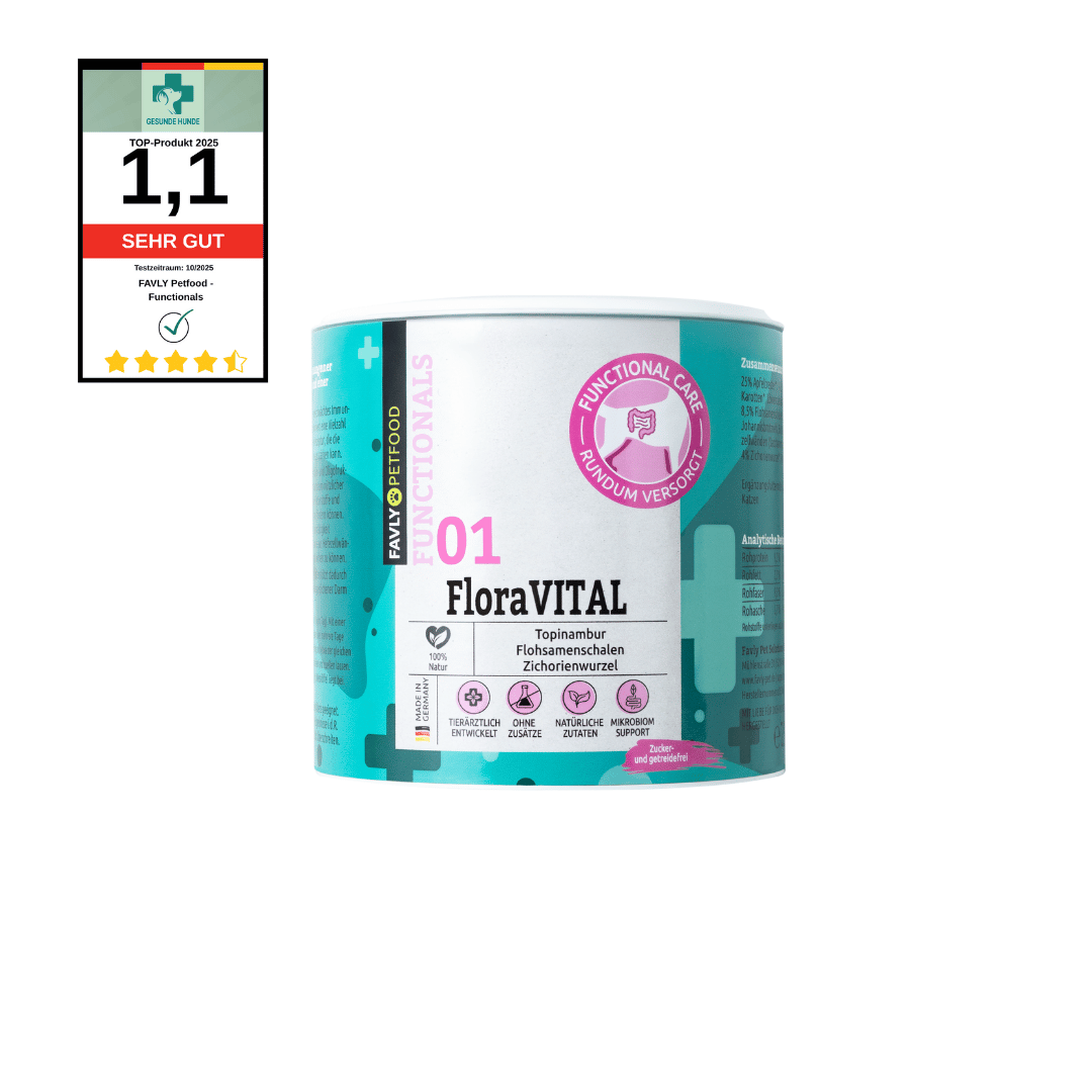 Ein Kanister FAVLY Petfood FloraVITAL Pulver - Sonderangebot für Darmgesundheit, Qualitätsplakette links.