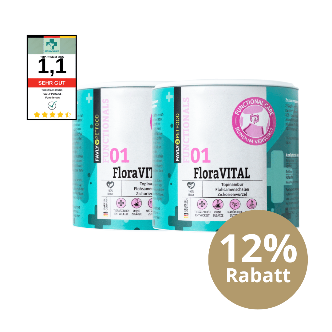 Zwei Dosen FAVLY Petfood FloraVITAL Pulver - Sonderangebot mit 12% Rabatt, "Sehr Gut" für die Darmgesundheit.